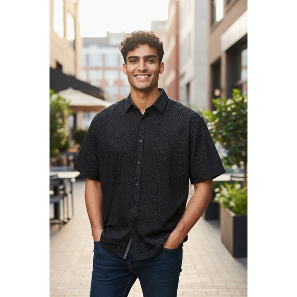 Beverly Hills Polo Club Mens Shirt 2XLB Short Sleeve Button Up Navy Dot - Picture 1 of 7